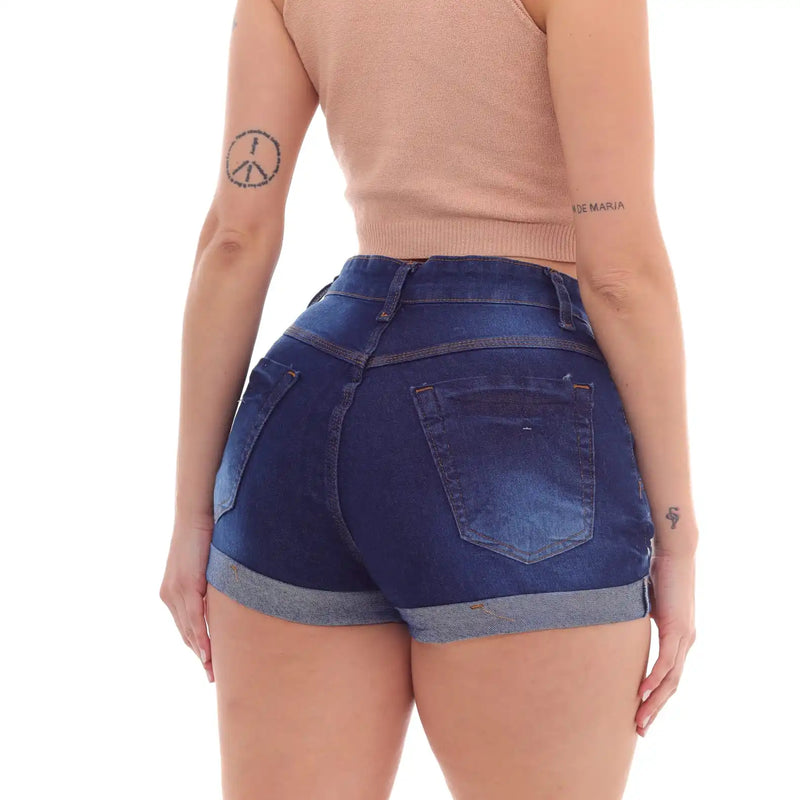 Shorts Jeans Feminino Cintura Alta Quatro Botões Tendência Luxo Básico